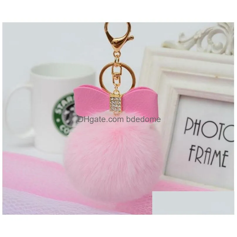 Rex Rabbit Hair Ball Key Ring With Diamond Pu Bow-Knot 16 Color Choose Alloy Fashion Bags Keychains Drop Delivery Dhdaq