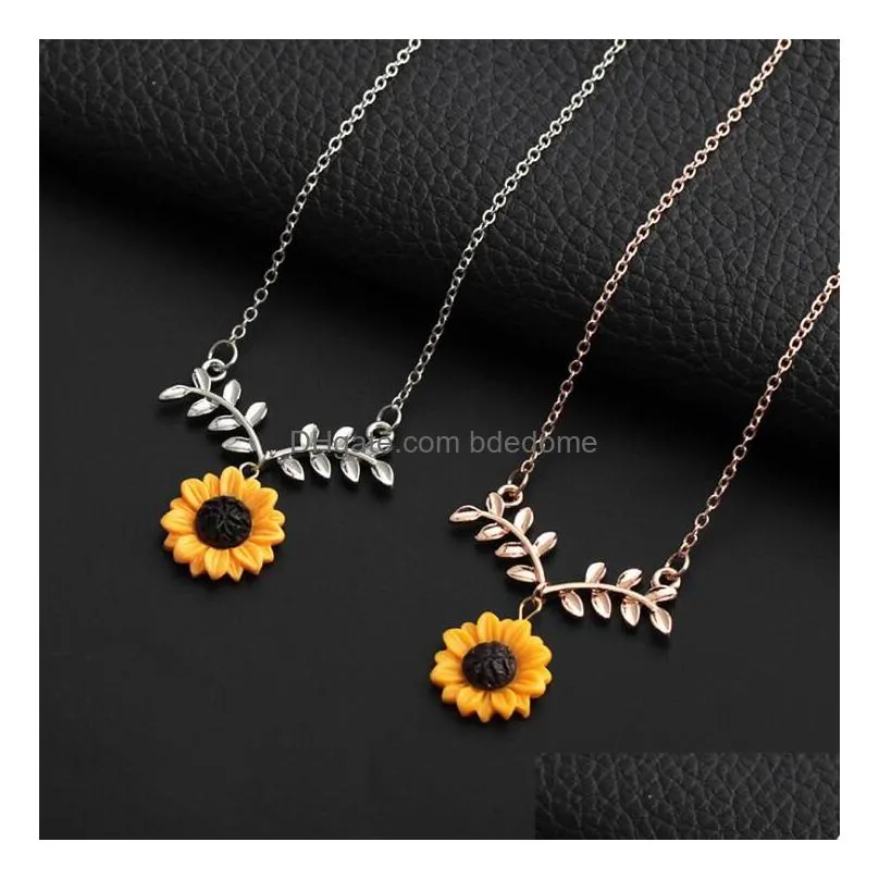 Euramerican Newest Sunflower Necklace Leaf Flower Pendant Alloy Women Nice Birthday Gift Ship Drop Delivery Dhbka