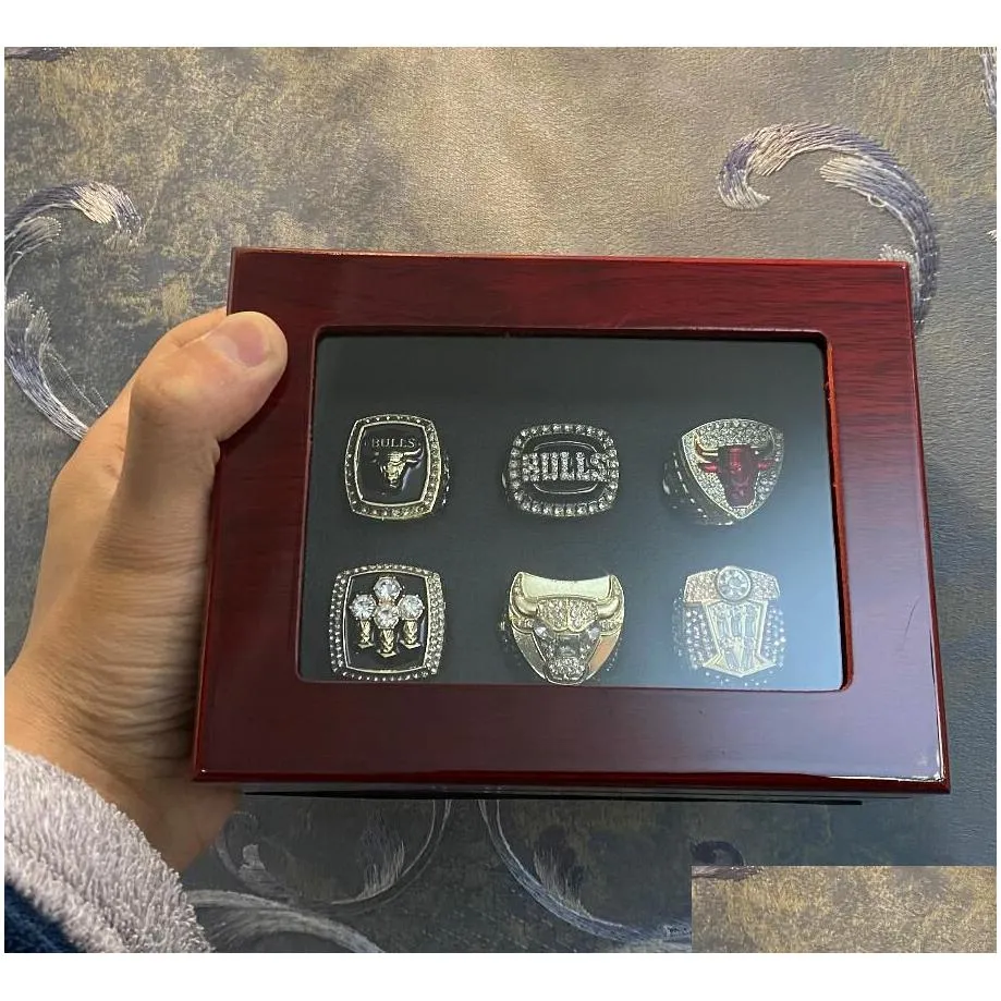 6pcs chicagobull backetball team champions championship ring set with wooden box trophy souvenir men women boy fan brithday gift 2023 hip hop jewelry sport