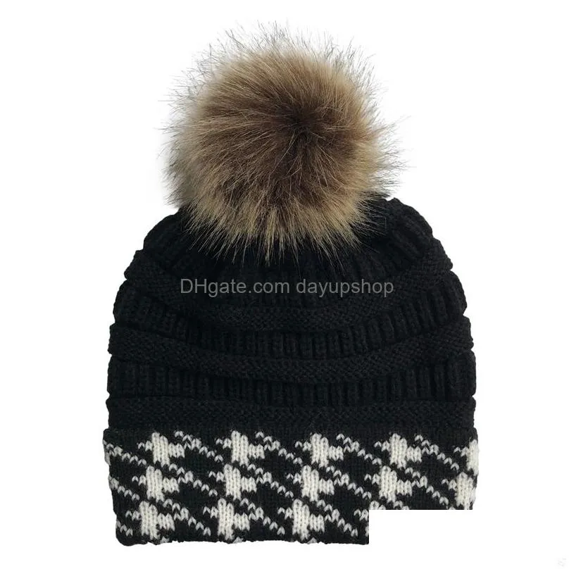 7 Colors Fashion Pattern Color Block Hairball Knitted Hat Warm Wool Elastic Plover Outdoor Winter For Drop Delivery Dhlxl