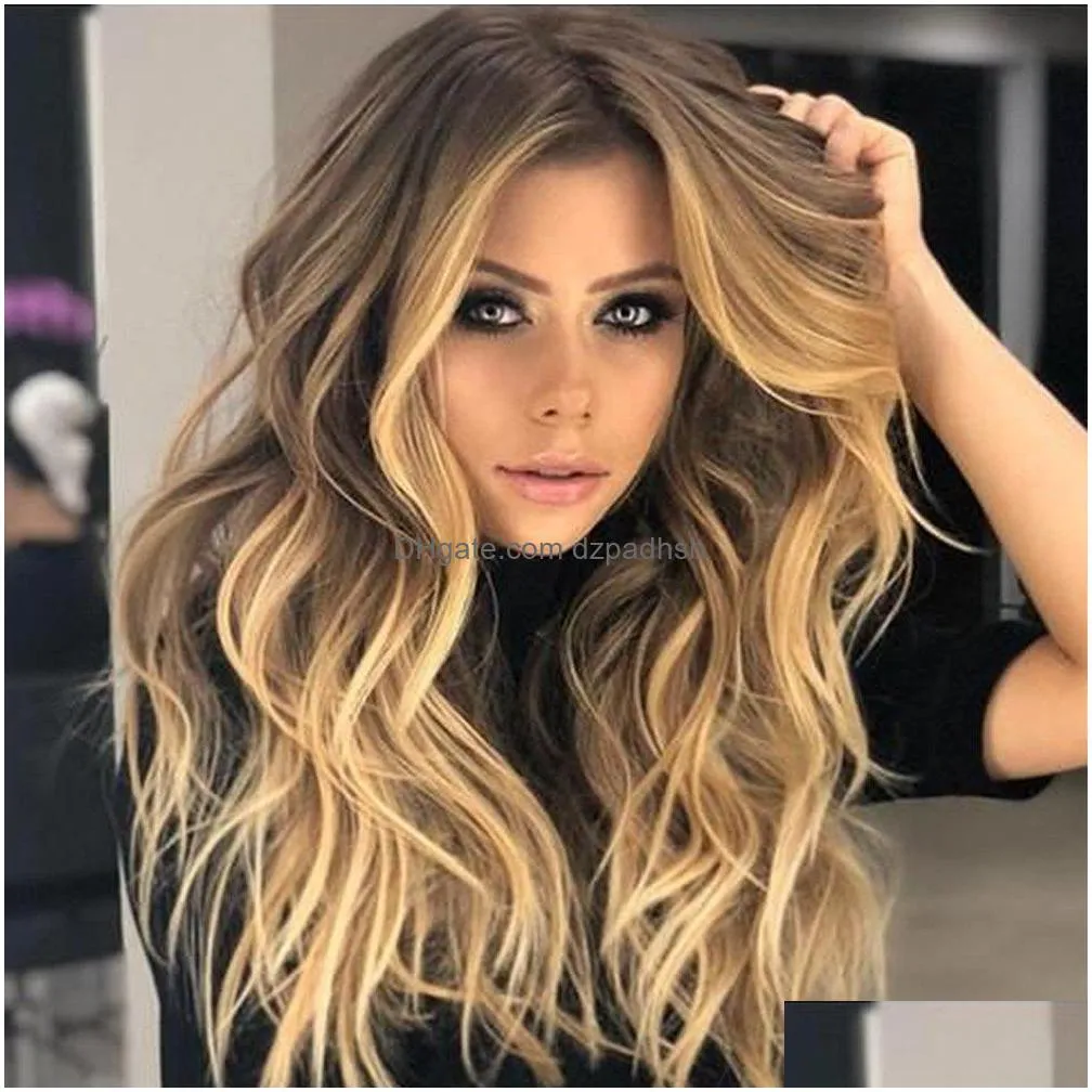 22 Natural Soft Long Wavy Ombre Blonde Wig Hair Synthetic Fiber Wigs High Temperature Heat Resistantfor Party Cosplay Drop Delivery Dhaji