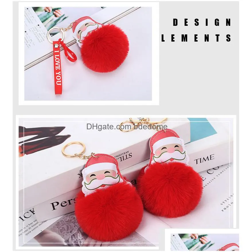 12 Styles Festive Big Red Santa Claus Fluffy Key Chain Faux Rabbit Fur Ball Pom Pon Keychain Women Bag Ring Drop Delivery Dhyhf