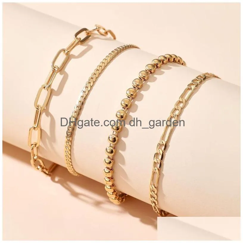 Chain 4Pcs/Sets Bohemian Beaded Bracelets For Women Punk Thick Chain Hollow Geoemtry Alloy Metal Adjustable Jewelry Drop Del Dhgarden Dhonb