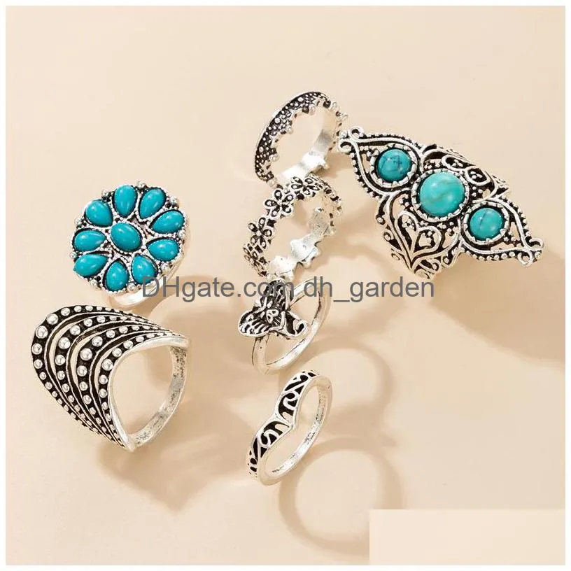 Cluster Rings Blue Rhinestone Elephant Ancient Sier Color Ring Sets For Women Men Crown Flowers Hollow Out Jewelry Drop Deli Dhgarden Dhsxp