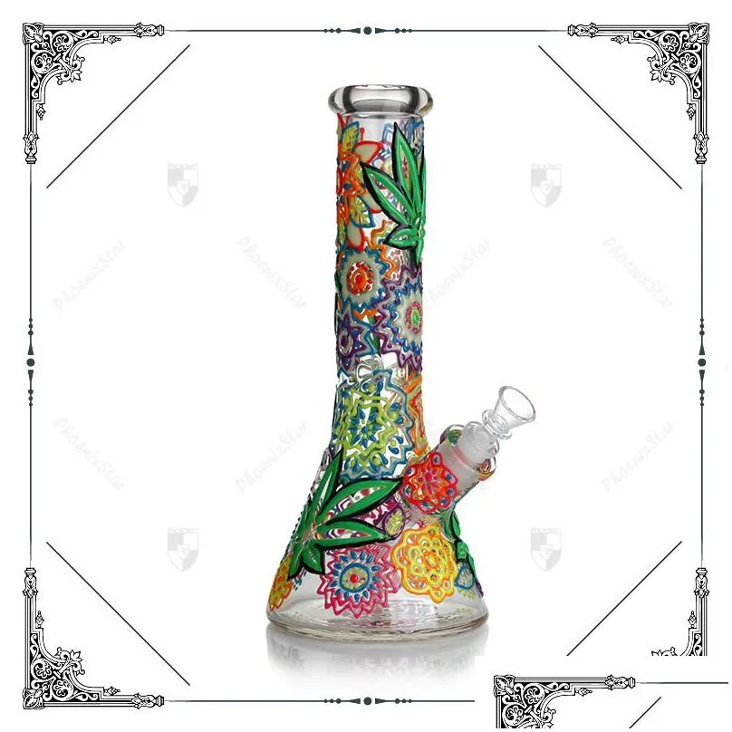 glow in the dark 3d hand painting 7mm thickness glass bong water pipes smoking hookah pipe with 14mm male bowl oil dab rig colorful glass for