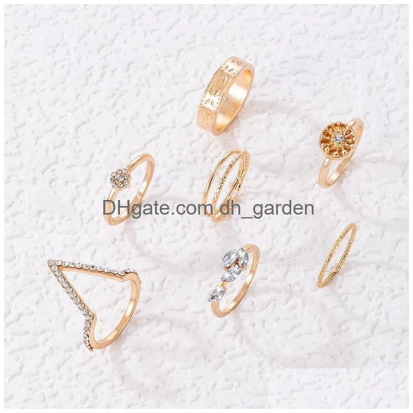 Cluster Rings Ins Trendy Flowers Bow-Knot Joint Ring Sets Hollow Geometry Alloy Metal Rhinestone Adjustable Jewelry Drop Del Dhgarden Dh0Mk