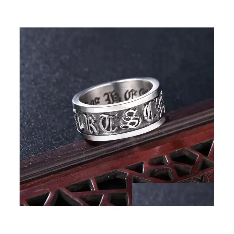 Punk Vintage Band Rings Men Fashion Individuality Carving Motorcycle Titanium Stainless Steel Cross Trend Hip-Hop Ring Jewelry Size Dr Dhsb3