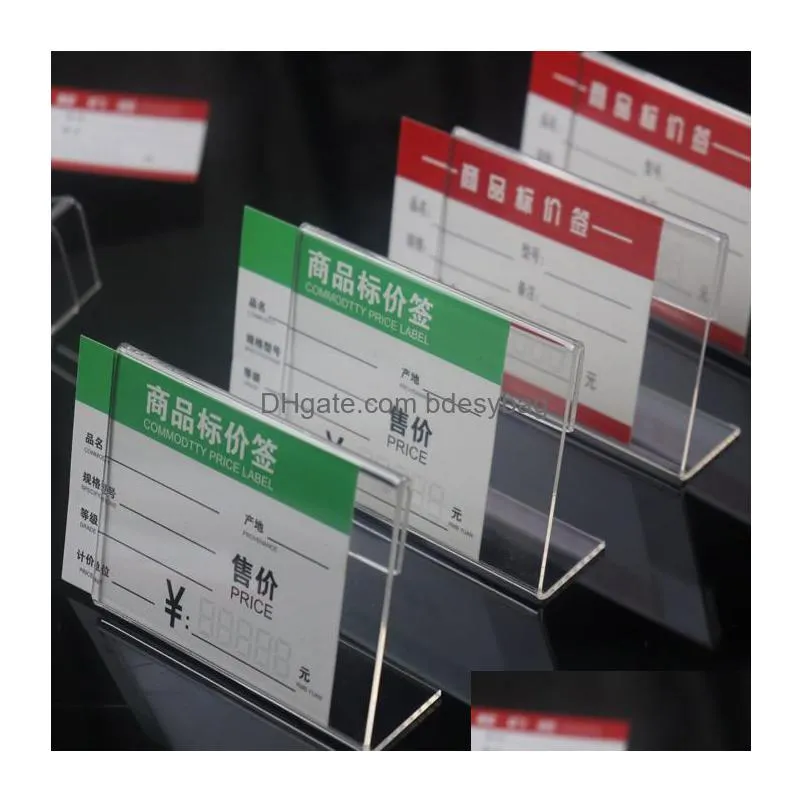 10 pcs acrylic clear plastic desk sign label stand l shape table card price tag holders frame tag paper display