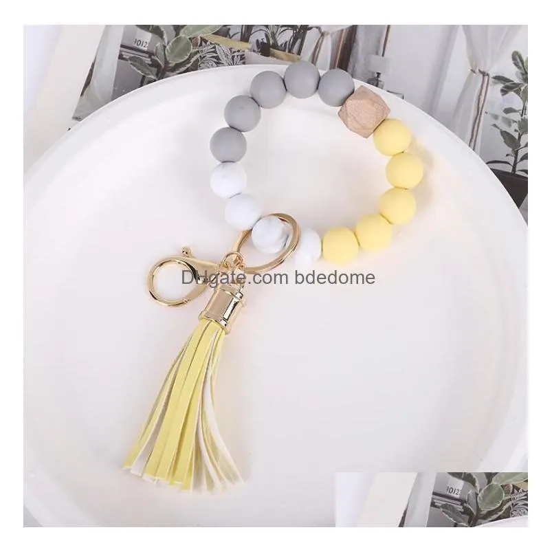 12 Colors Sile Beads Tassel Bead String Bracelet Keychain Food Grade Leopard Wooden Bracelets For Women Girl Key Ring Drop Delivery Dhvpa