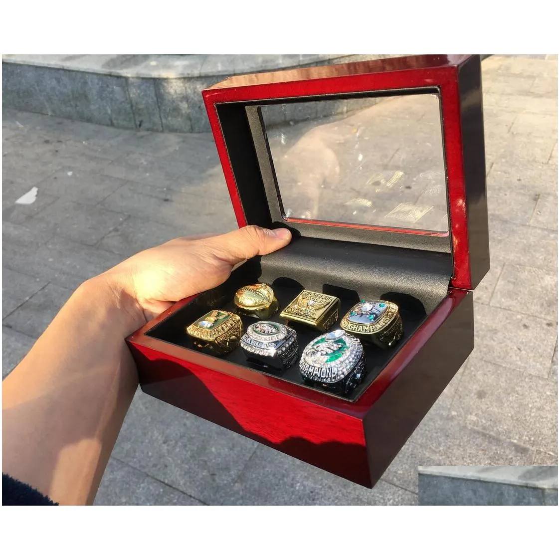 philadelphia 6pcs  american football team champions championship ring set with wooden box souvenir men fan gift 2019