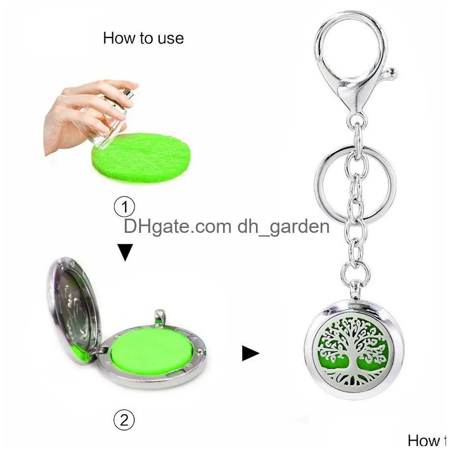 Key Rings 5Pcs/Lot Tree Of Life  Oil Aroma Diffuser Per Locket With Lobster Clasp Keychain Keyring Pads Color Rando Dhgarden Dho2X