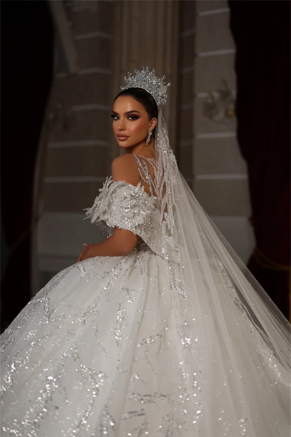 Princess Off Shoulder Wedding Dresses Ball Gown Sequins Beading Mariage Bridal Gowns African Vestido de noiva
