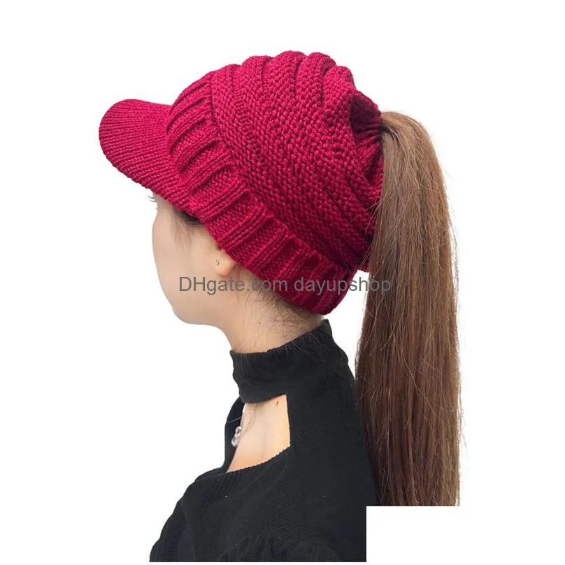 5 Colors With Brim Rolled Edge Horsetail Hat Warm Striped Duck Tongue Wool Autumn Winter Womens Drop Delivery Dht76