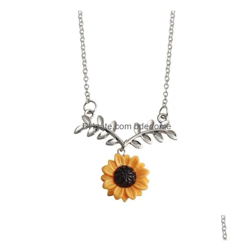 Euramerican Newest Sunflower Necklace Leaf Flower Pendant Alloy Women Nice Birthday Gift Ship Drop Delivery Dhbka