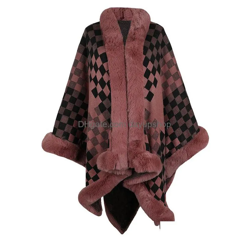 5 Colors Womens Fur Collar Cape Thickened Warm Plaid Cloak Autumn/Winter Plush Hem Knit Drop Delivery Dhe1D