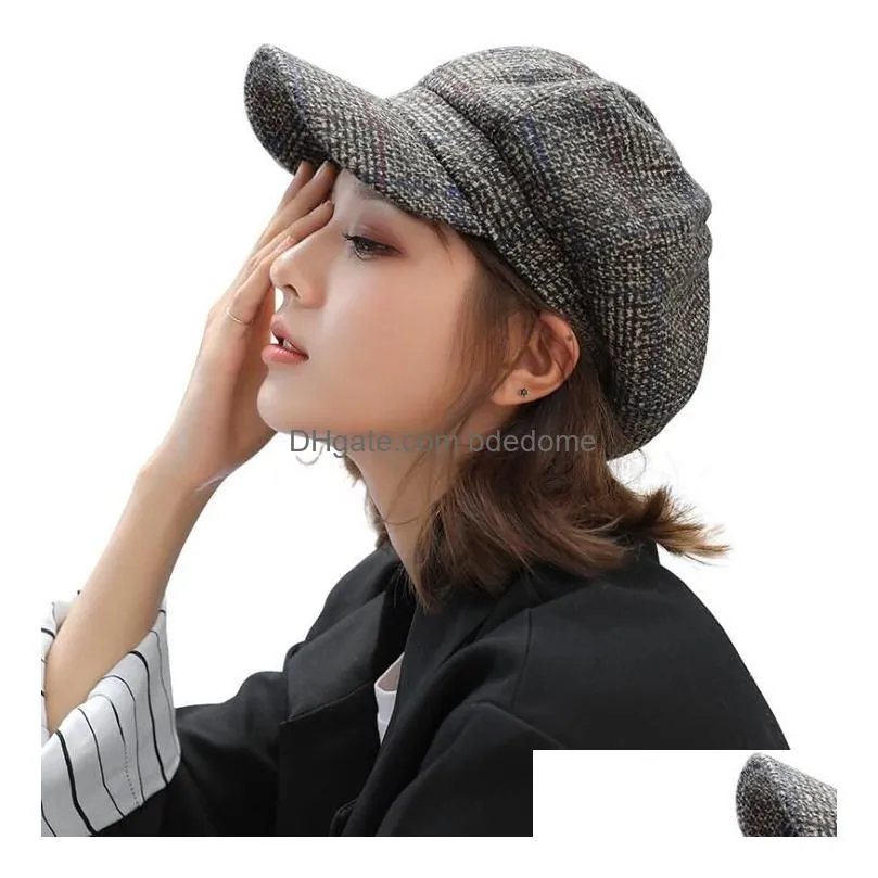 New Women Beret Octagonal Hats Worsted Plaid Newsboy Caps Short Eaves Dome Leisure Style Autumn And Winter For Lady Drop Delivery Dhqk2