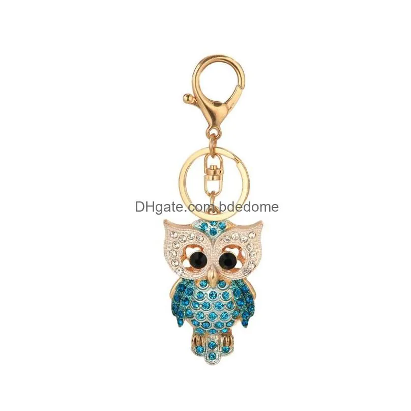 Creative Bag Pendant Inlaid With Diamond Owl Metal Keychain Cute Cartoon Animal Keychains Car Keyring Drop Delivery Dh2Xj