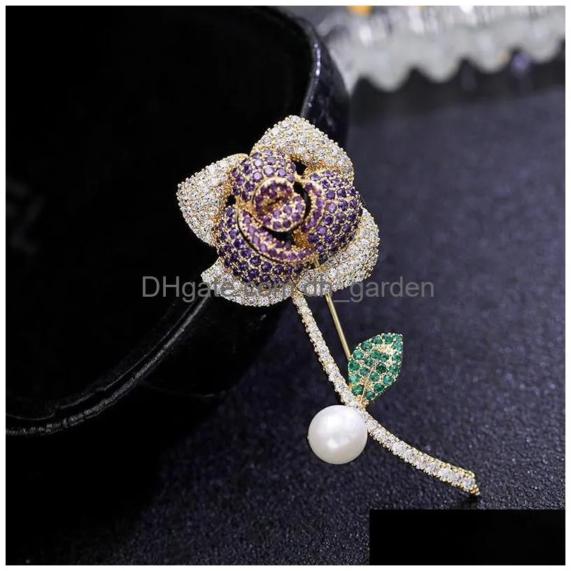 Dangle & Chandelier Esign Rose Flower Brooches Pins Women Fashionable Jewelry 18K Gold Plated Cubic Zirconia Cor Wholesale D Dhgarden Dh0Cn