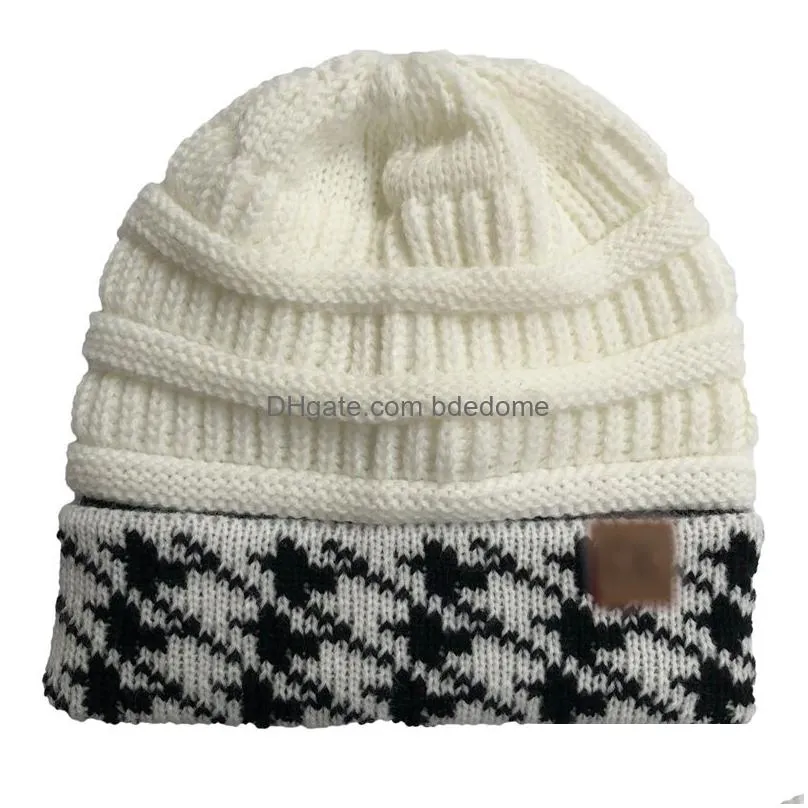 7 Colors With Logo Fashion Plover Pattern Color Block Knitted Hat Warm Woolen Elastic Jumper Outdoor Winter For Drop Delivery Dhybq