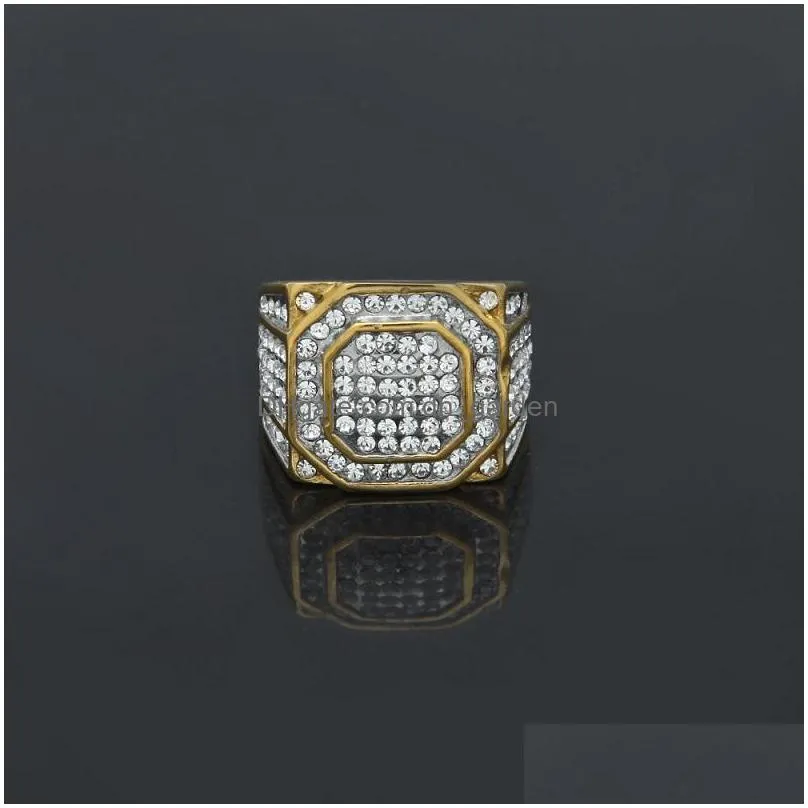 mens hip hop stones rings jewelry gold plated diamond large stainles steel ring for men