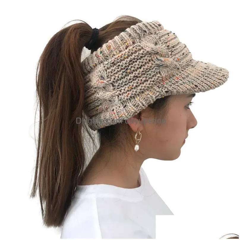 6 Colors Knitted Hat With Brim Empty Top Duck Tongue Ponytail Womens Drop Delivery Dhq1G