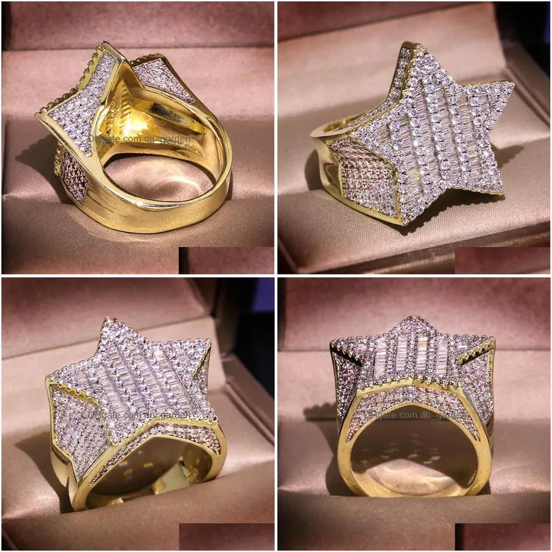 mens iced out gold rings fivepointed star full diamond stones rings hip hop ring jewelry