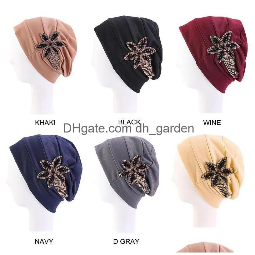 Beanie/Skull Caps Women 1Pc Twisted Headscarves Head Wrap Solid Color Inner Elegant Hat Beanie Turban Chemo Cap With Beads F Dhgarden Dh6Gf