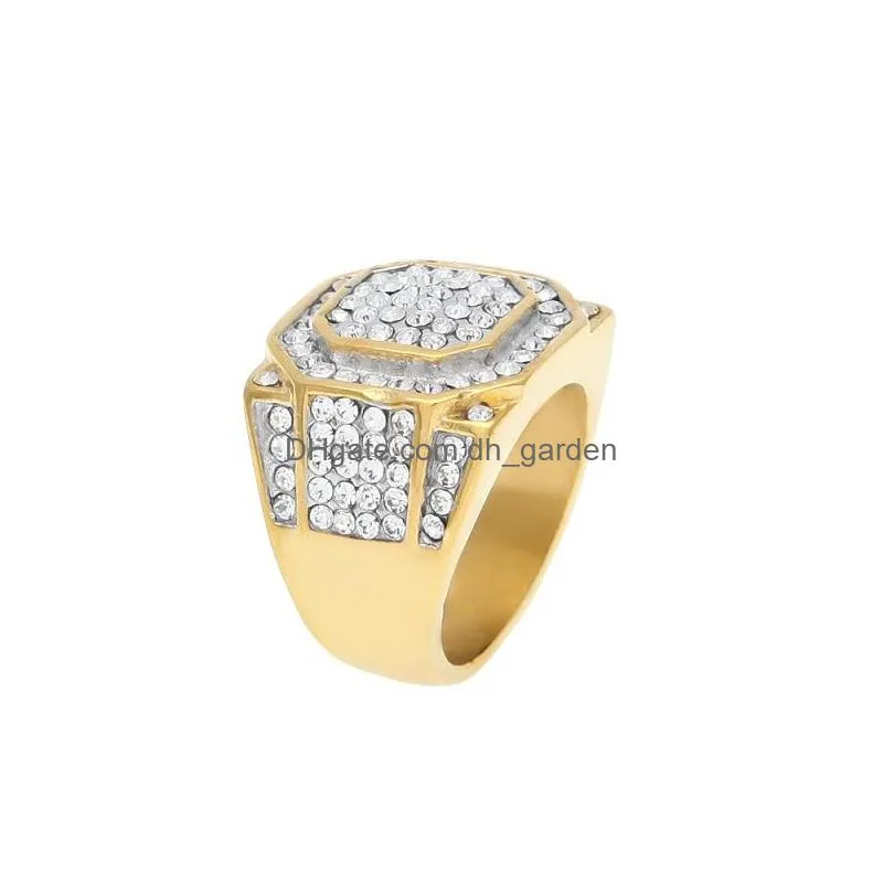 mens hip hop stones rings jewelry gold plated diamond large stainles steel ring for men