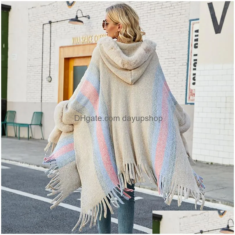 Autumn/Winter Fashion Furry Hooded Cape Warm Striped Knitted Fringe With Thick Fur Collar Drop Delivery Dhnkp