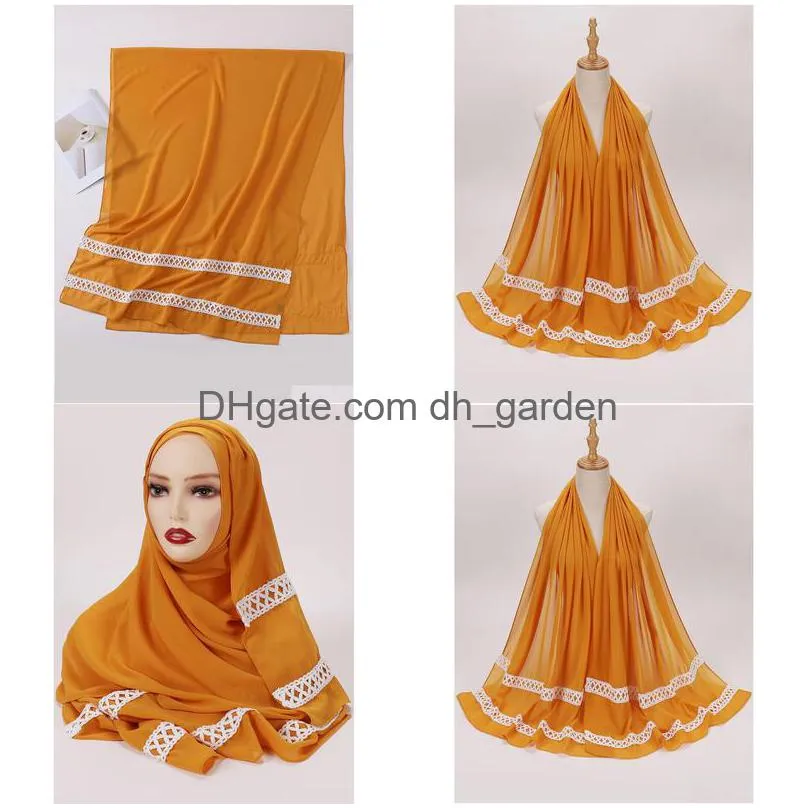 Scarves Plain Color Chiffon Scarf Hijab With White Lace Female Islamic Head Er Wrap For Women Muslim Hijabs Hair Scarves Hea Dhgarden Dhe0F