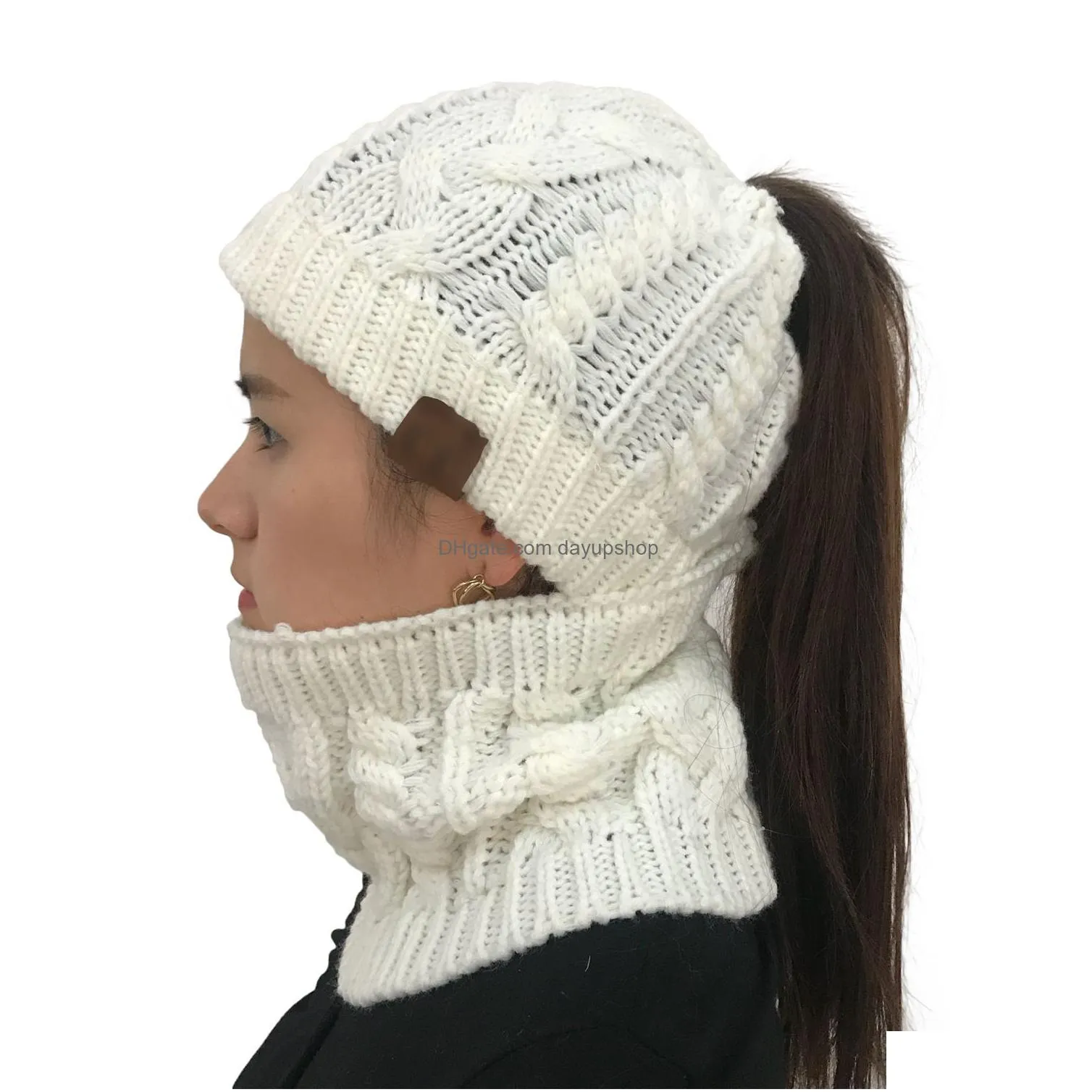 7 Colors With Logo Autumn And Winter Ponytail Hat Neckerchief Set Solid Color Wool Knitted Outdoor Warm Casual For Drop Delivery Dhc1R