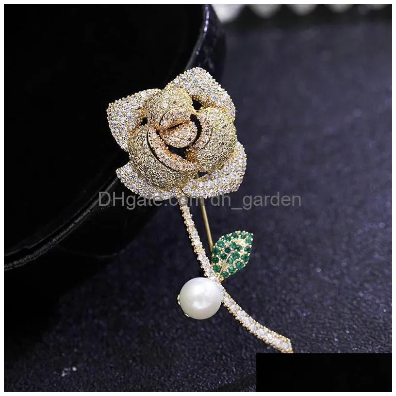Dangle & Chandelier Esign Rose Flower Brooches Pins Women Fashionable Jewelry 18K Gold Plated Cubic Zirconia Cor Wholesale D Dhgarden Dh0Cn