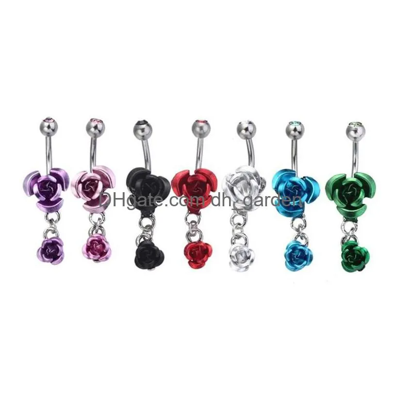 Navel & Bell Button Rings Stainless Steel Belly Button Rings Crystal Rose Flower Body Piercing Bar Jewlery For Women Bikini Dhgarden Dhme9