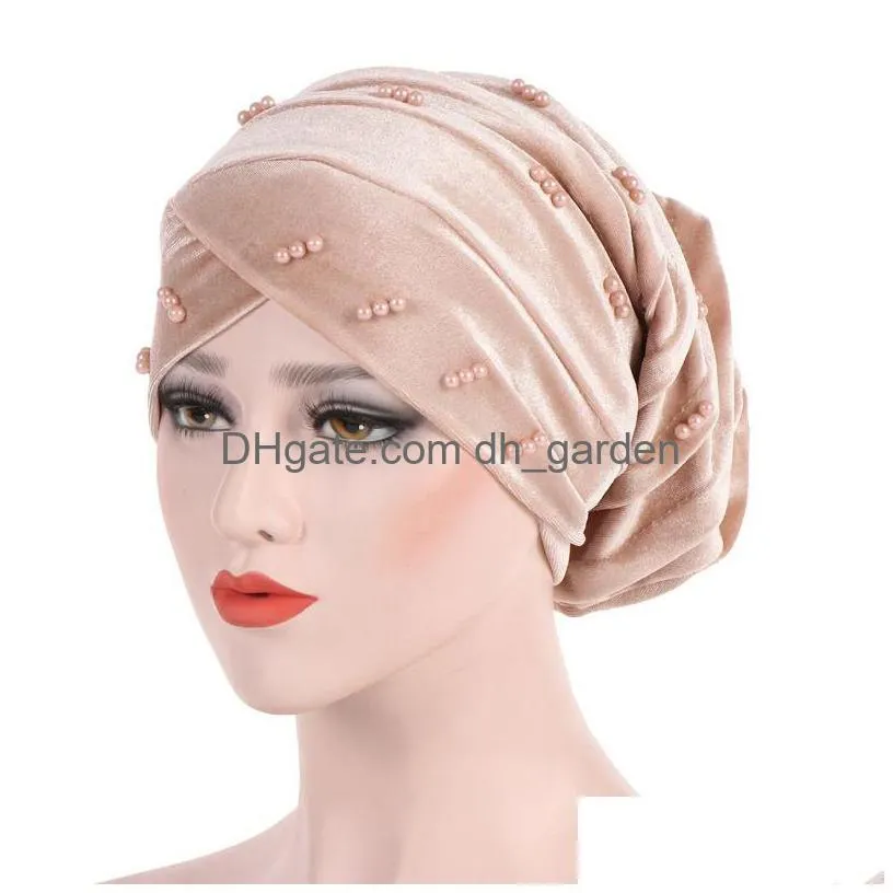 Beanie/Skull Caps New Muslim Pearl Beaded Women Turban Head Scarf Wrap Veet Stretch Baggy Hat Hair Loss Caps Accessories Dro Dhgarden Dhafw