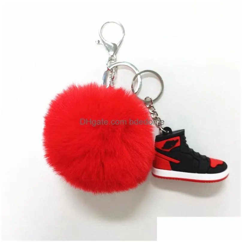 Designer Mini Sile 3D Sneaker Pompom Keychain Men Women Kids Key Ring Gift Shoes Keychains Handbag Chain Basketball Rabbit Hair Drop D Dhrcp