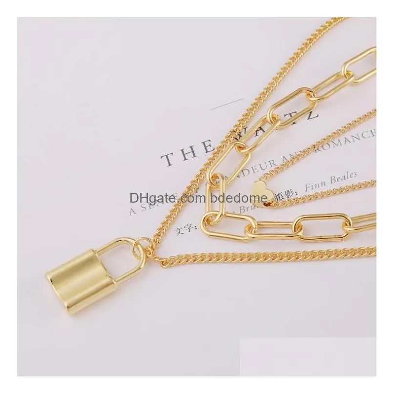 Punk Style Heart Lock Pendant Necklace Mti-Layer Vintage Gold Sier Charm Ins Female Jewelry Accessories 9 Styles Drop Delivery Dh49U