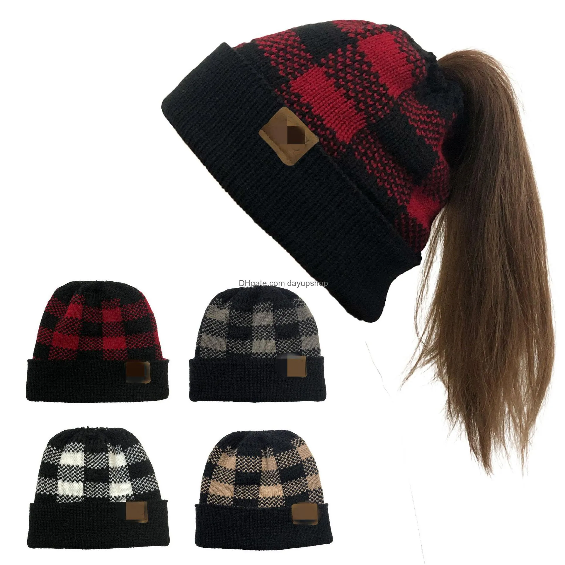 Curled Square Check Ball Hat Christmas Ponytail Jacquard Knit Outdoor Warm Jumper Drop Delivery Dhhv6