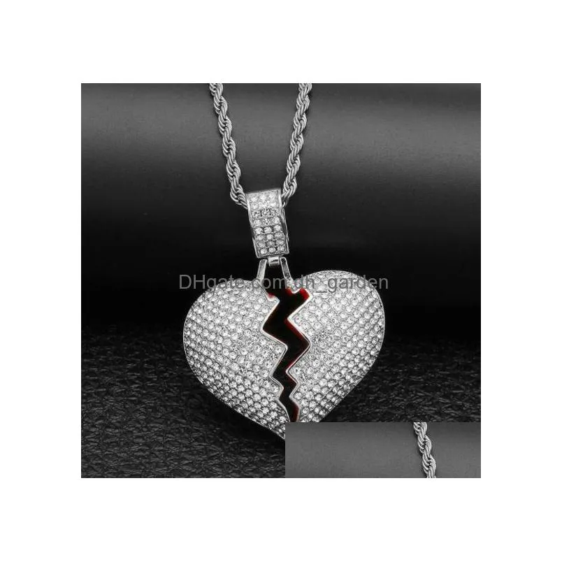 broken heart iced out pendant necklace mens bling crystal rhinestone love charm gold silver twisted chain for women hip hop jewelry