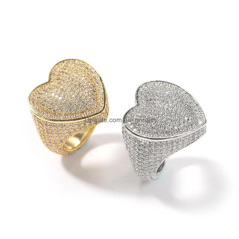 fashion mens gold ring hip hop jewelry big heart ring silver iced out wedding rings