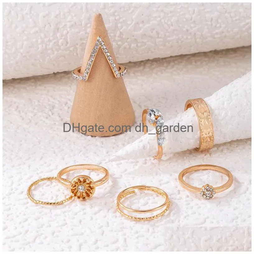 Cluster Rings Ins Trendy Flowers Bow-Knot Joint Ring Sets Hollow Geometry Alloy Metal Rhinestone Adjustable Jewelry Drop Del Dhgarden Dh0Mk