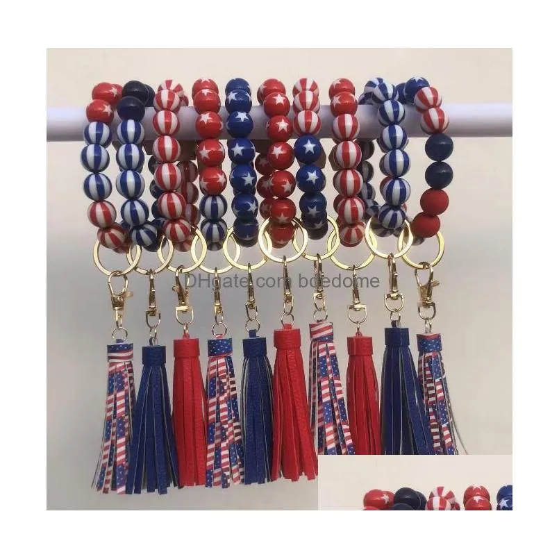 New Styles Wooden Bead Bracelet Keychain American Flag Diy Beaded Tassel Pendant For Independence Day Decorations 10 Colors Drop Deliv Dhxn3