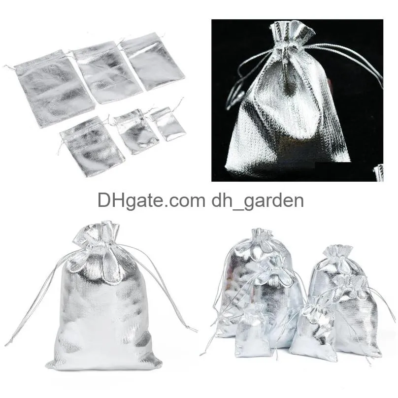 Jewelry Pouches, Bags 100 Pcs/Lot Sier Plated Stain Fashion Jewelry Pouch Bags 4 Sizes Dstring Organza Gift Candy Diy Drop D Dhgarden Dhdtb