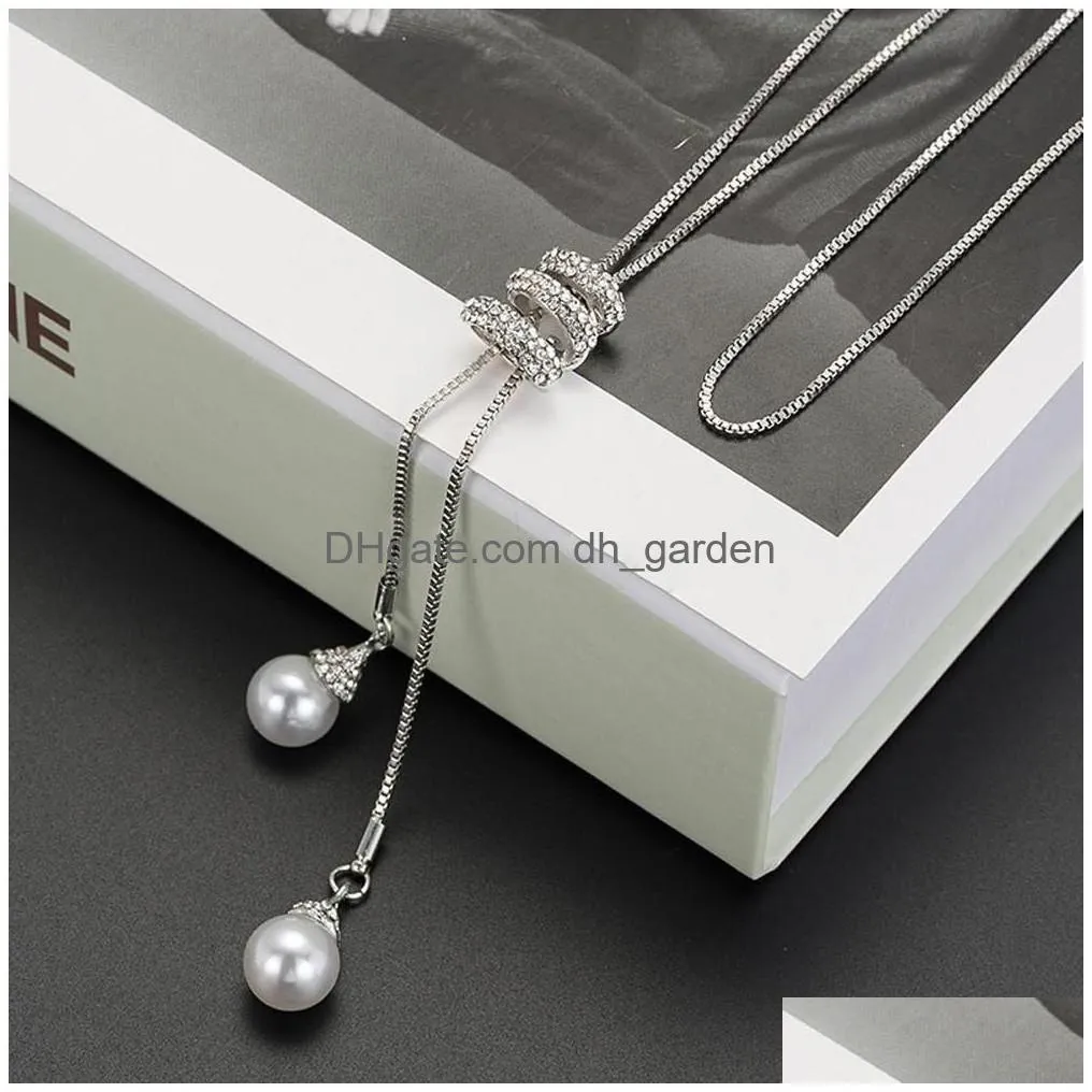 Pendant Necklaces S Shining Rhinestone Sweater Chain Party Elegant Long Pendant Jewelry Fashion Pearl Neck Accessories Drop Dhgarden Dh6My