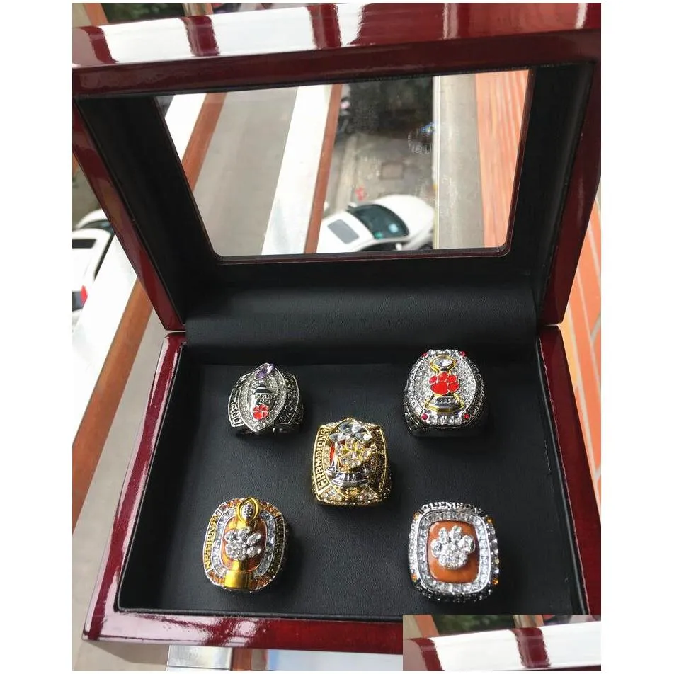 5pcs clemson tigers national championship ring set with wooden display box case fan gift 2019 wholesale drop shipping