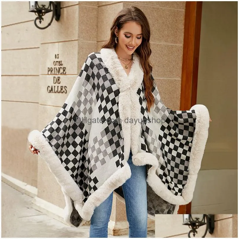 5 Colors Womens Fur Collar Cape Thickened Warm Plaid Cloak Autumn/Winter Plush Hem Knit Drop Delivery Dhe1D
