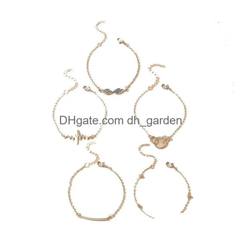 Chain 5Pcs/Set Ancient Sier Color Angel Wing Bracelets For Women Simple Irregar Geometry Hollow Metal Bangle Jewelry Drop De Dhgarden Dhiaa