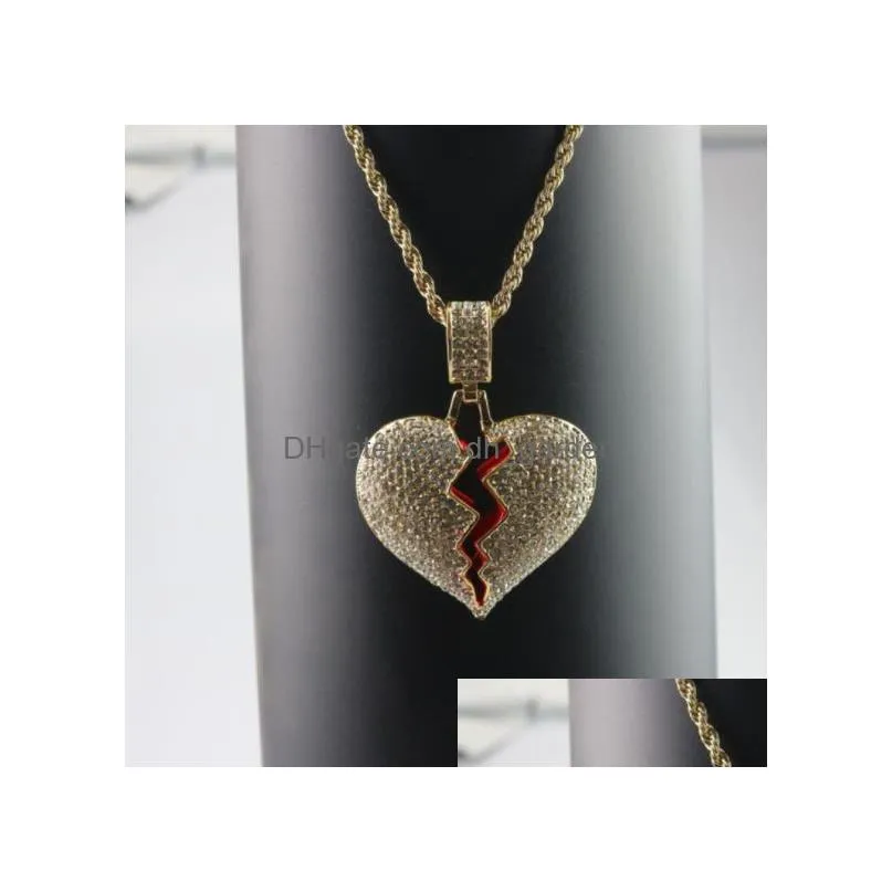 broken heart iced out pendant necklace mens bling crystal rhinestone love charm gold silver twisted chain for women hip hop jewelry