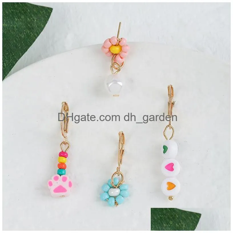 Dangle & Chandelier 4 Pcs/Set Trendy Handmade Beaded Flower Drop Earrings For Women Girls Polymer Clay Cat Paw Resin Heart D Dhgarden Dh1Yp