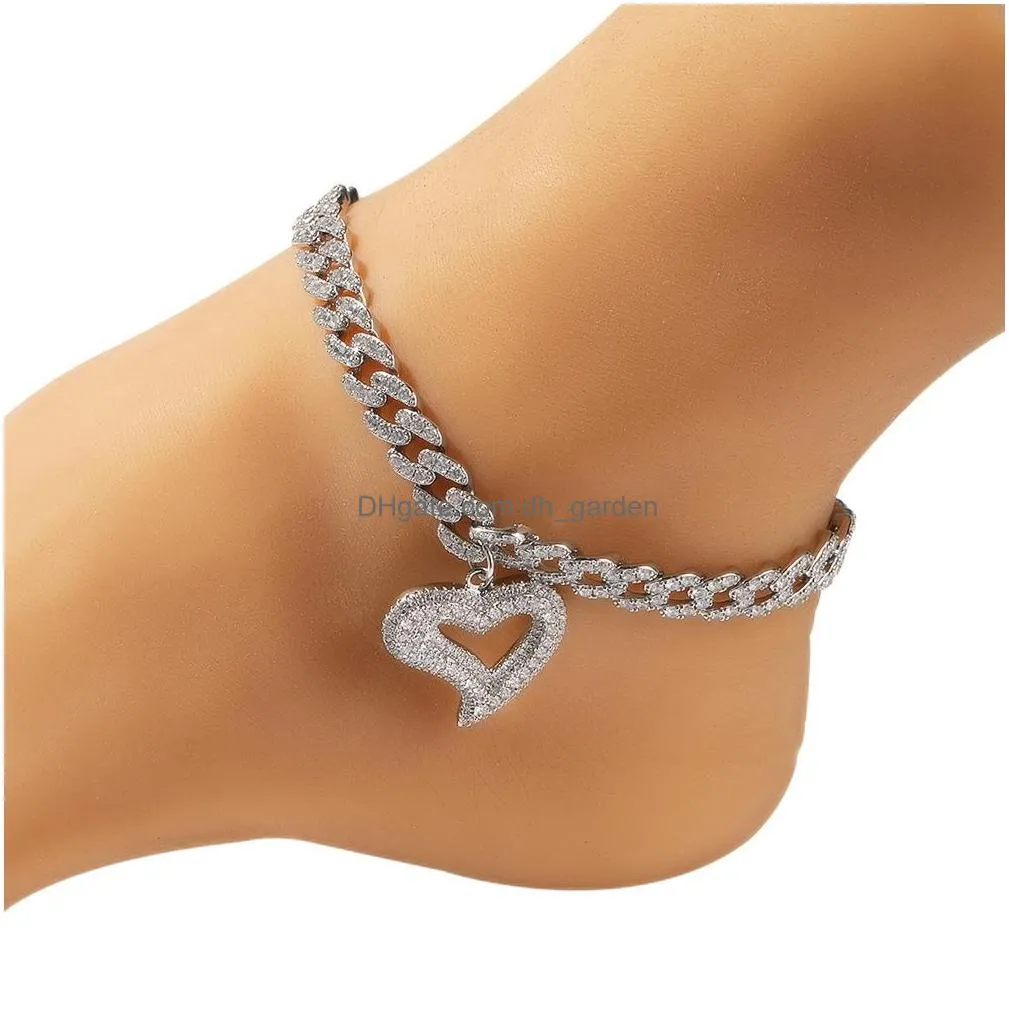 fashion womens anklets bracelet gold silver iced out cuban link chain heart anklet bracelets hip hop jewelry 9inch