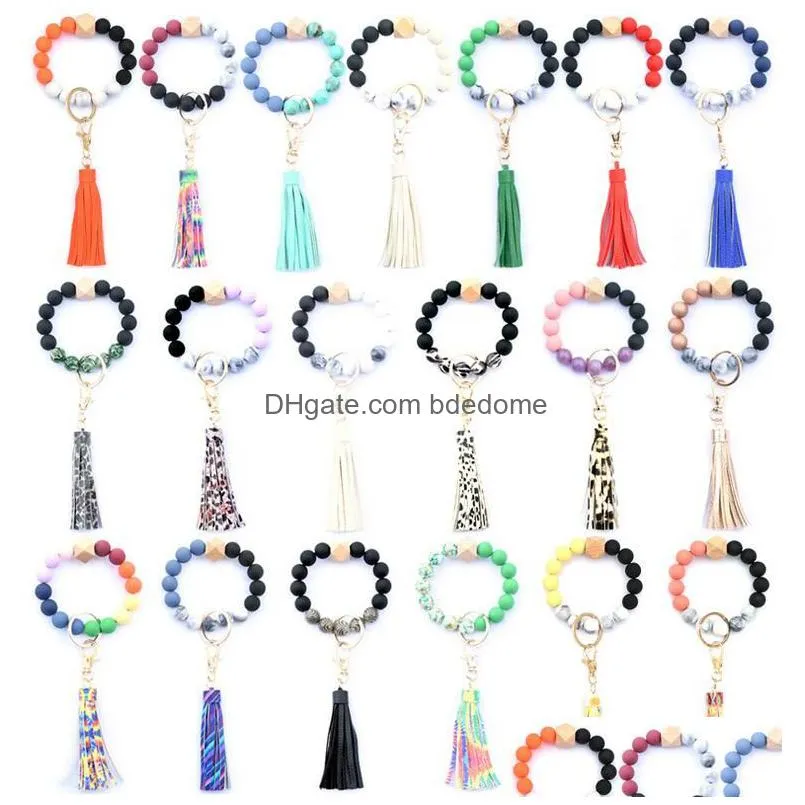 36 Colors Food Grade Acrylic Beads Tassels Bracelet Keychain Wooden Bead Bracelets Key Ring Pu Tassel Anti-Lose Keyring Drop Delivery Dhl2M